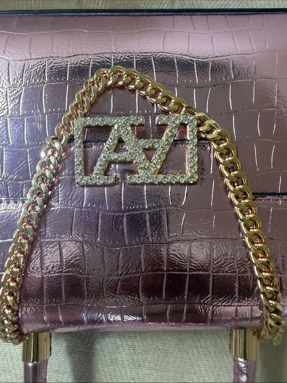Source Unknown Metallic Pink Croc-Embossed Top Handle Satchel with Gold Chain